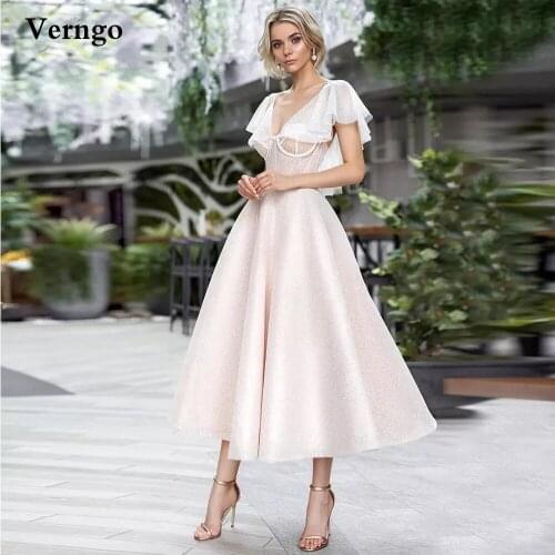 Verngo Light Pink Glitter A Line Short Wedding Party Dresses For Reception Sleeves V Neck Tea Length Garden Bridal Gowns