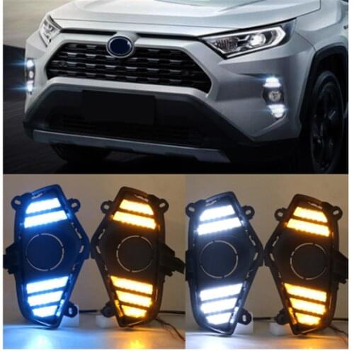 2Pcs LED Daytime Running Light Waterproof with flow Yellow Turn Signal Bumper For Toyota RAV4 2019 2020 Car Accessories