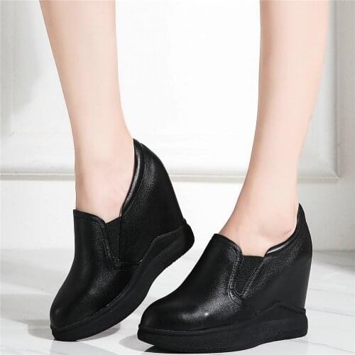 Platform Pumps Shoes Women Genuine Leather Wedges High Heel Ankle Boots Female Slip On Round Toe Fashion Sneakers Casual Shoes