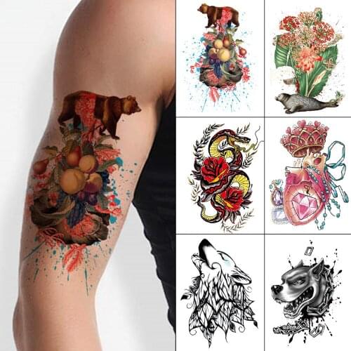 Temporary tattoo sticker 1 piece black and Color Waterproof tattoo flower leopard tiger snake skull skeletons men women Arms