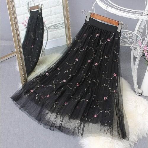 Women New Spring Summer Net Yarn Lace Skirts Embroidery Pleated Skirts Slim Gauze Skirt Midi Graceful Long Skirts Female Fashion