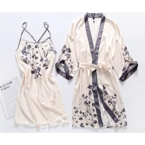 Casual Women Satin Robe Suits 2PCS Summer Ice Silk Sexy Kimono Gown V-Neck Waistband Bathrobe Print Sleepwear Loose Thin Nightie