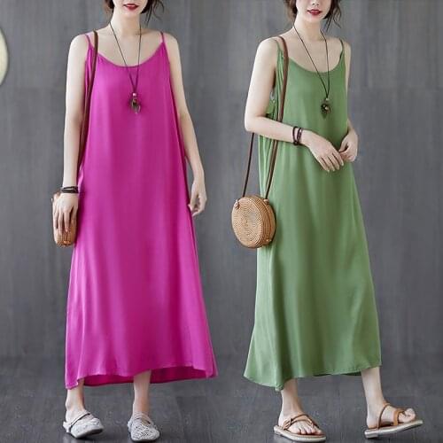 2021 Summer Dress New Women Vintage Loose Patchwork Multicolor Sleeveless Strap Long Vestidos Clothes Solid Female Dresses W427