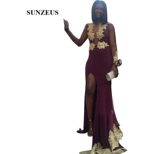 Burgundy Prom Dress With Gold Appliques Mermaid Long Sleeves Women Party Gowns With Side Slit vestido largo sirena