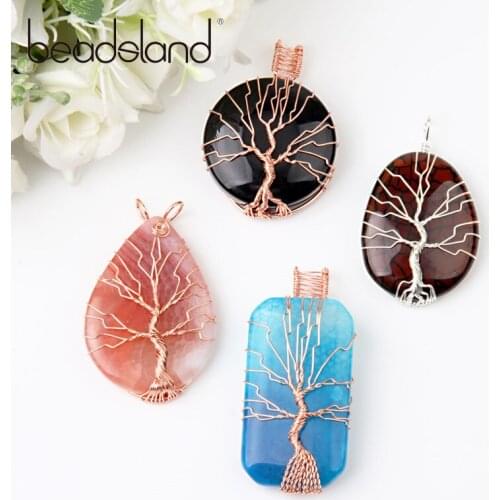 Beadsland Various Shapes Natural Stone With Tree Design Wire Wrapped Pendant For DIY Necklace Woman Girl Gift 40426