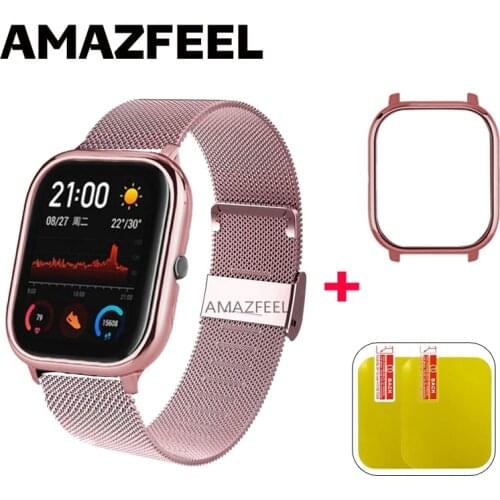 GTS Case Bracelet For Amazfit GTS Strap Metal Wrist Band For Xiaomi Amazfit Bip Lite Watch Straps Mesh Protector Case Cover Film