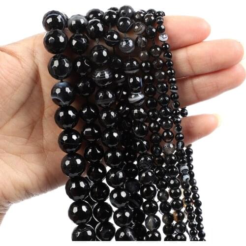 Natural Stone Beads Cut Surface Black Stone Striped Agate Loose Beads for Jewelry Making Needlework DIY Bracelet Strand 4-12 MM