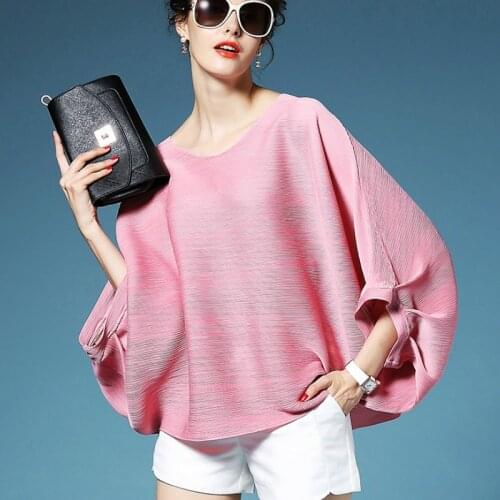 T Shirt Plus Size Summer For Womens 45-75kg New Miyake Pleated Batwing Sleeves Solid Color Loose Large Size T-shirts Female