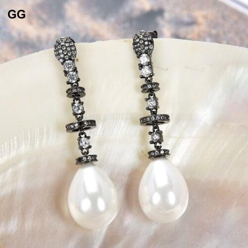 GuaiGuai Jewelry Teardrop White Sea Shell Pearl Gunmetal CZ Earrings
