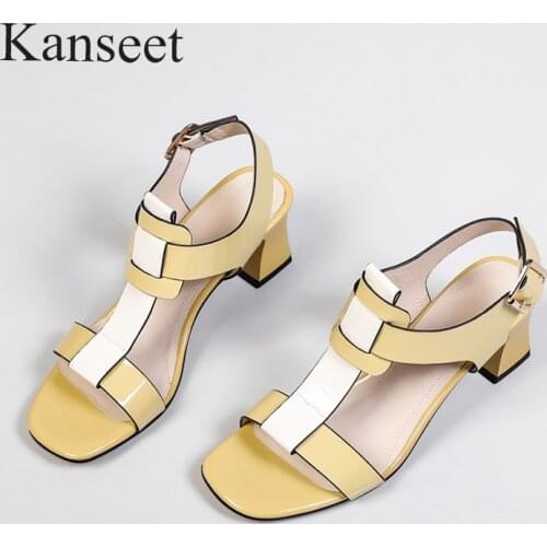 Kanseet Shoes Women T-Strap Sandals Buckle Patent Leather Sandals High Heel Square Toe Shoes Thick Heels Sandals Yellow 33-41