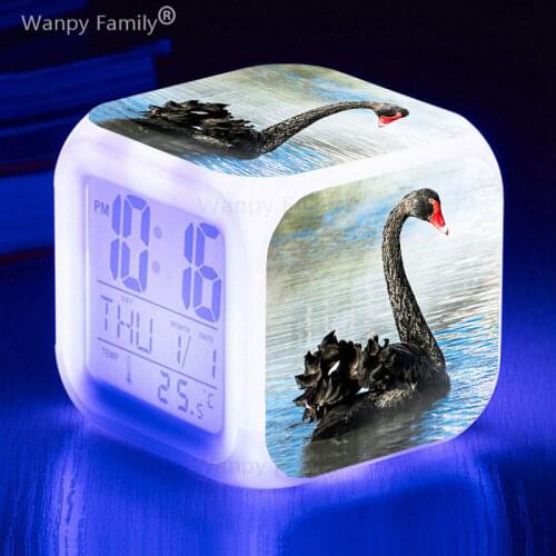 Beautiful black swan alarm clock 7 color changing multifunctional digital clock kids room night light flashing electronic watch
