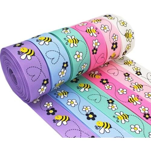 5 Meters 1'' 25mm Little Bee Printed Grosgrain Ribbon for Hair Bow DIY Craft Supplies Party Decor Lace Ribbons