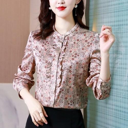 Fashion Women Shirt Silk Blouses for Women Printed Floral Vintage Shirt Women Stand Neck Button Up Tops Female 2021 Basic Shirts