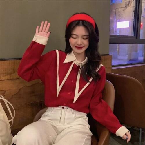 New Women Patchwork Long Sleeve Vintage Blouse Turn Down Collar Loose Top French Style Party Preppy Shirt Feminina Blusa Street