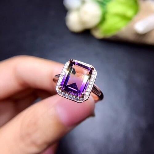 Simple princess square Natural amethyst lady ring, 925 silver, novel craftsmanship, beautiful colors