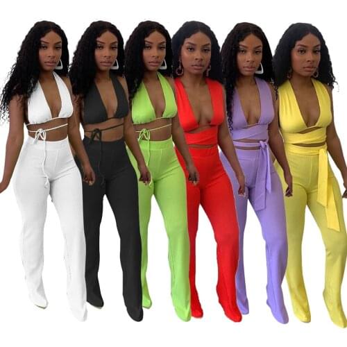Fashion Streetwear Solid Bandage Pants Suit 2 Piece Outfits Sexy V Neck Backless Crop Top + Wide Leg Pants Slim Two Piece Set