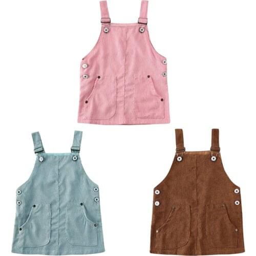Spring Toddler Girls Retro Corduroy Dress Sleeveless Vintage Party Button Pocket Dress Casual Solid Suspender Sundress 1-5Y