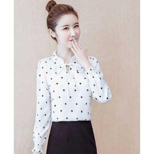 Women Spring Summer Style Chiffon Blouses Shirts Lady Casual Long Sleeve Stand Collar Blusas Tops ZZ0280