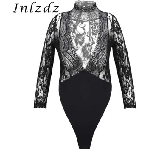 Womens Erotic Lingerie Bodysuit See-through Lace Patchwork Deep V Neck High Cut Sexy Lingerie Jumpsuit Underwear with Neck Ring