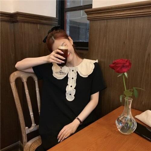 Womens Doll Collar Short Dress Short Sleeves Contrast Above Knee Casual Dress for Summer Holiday HSJ88