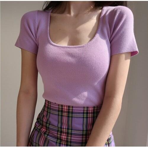 2020 Solid Vintage Crop T Shirt Tops Women U Neck Sexy Short Sleeve Top Korean Streetwear Cropped Basic Tee Short Tops Feminino