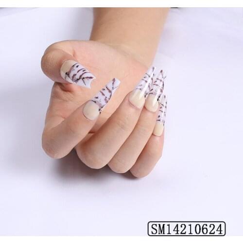 24Pcs Fake Nails Ink Painting Printing Glue Type Removable Small Fresh Long Paragraph Fashion Artificial ​Full Cover Manicure