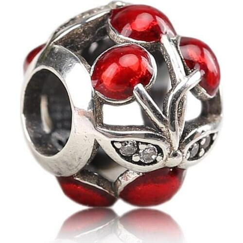 Authentic S925 DIY Jewelry Pink Enamel Cherry Charm Bead fit Lady Bracelets
