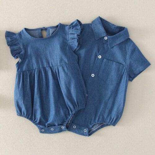 Baby clothes newborn denim romper summer short-sleeved denim baby jumpsuit baby boy baby girl romper denim bag fart romper