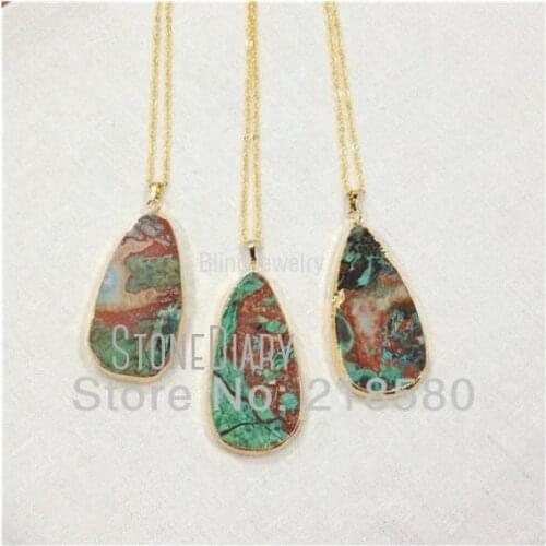 H-QN70 Long Teardrop Howlite Brown Ocean Jaspe r Pendant Necklace Gold Color