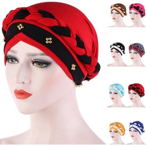 Two-Color Beaded Braid Hijab Caps Spring and Autumn Muslim Wrap Turban Cap Fashion Cotton Inner Hijabs Bonnet Ready To Wear New