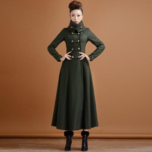Double breasted Woolen coat female Military style winter thickening womens high collar was thin long cashmere warm woolen coats
