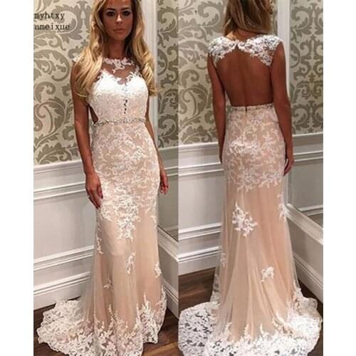2020 Mermaid Elegant Evening Dresses Backless Party Dress Champagne Dress With Ivory Appliques Evening Gown Long Formal Dress
