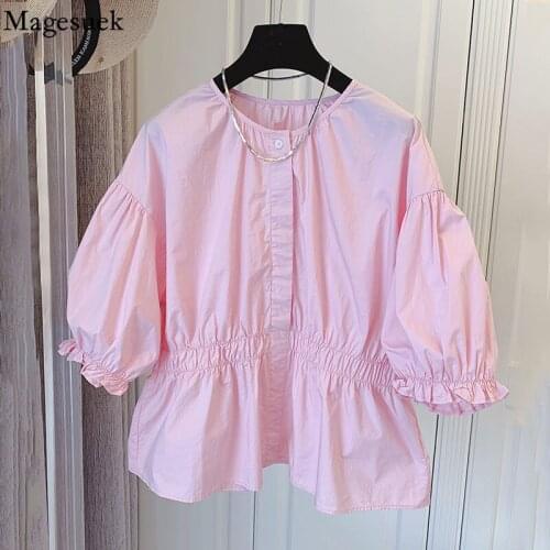 Korean Puff Short Sleeve Pink Shirts Casual Loose Cotton Doll Blouse Women O Neck Elastic Pleated Slim Blouses Tops Blusas 15912
