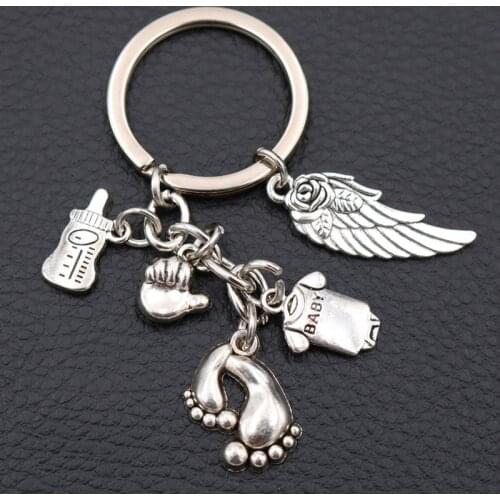 Cute Baby Metal Memorial Keychain, Tiny Footprint Charms, Tiny Palms Charms, Angel Wings Pendant,Mini Baby Bottle Charms, 1pcs