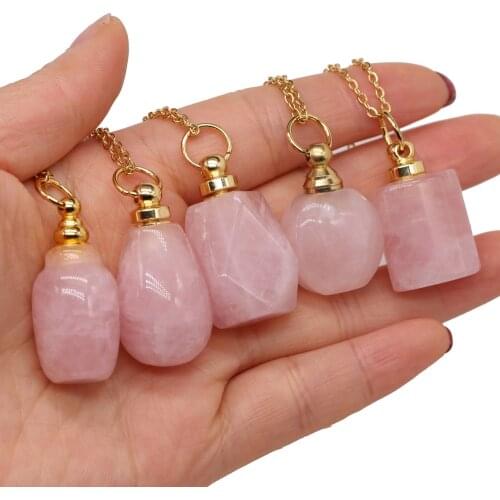 Natural Rose Quartzs Stone Pendant Necklaces Trendy Perfume Bottle Gilded Chain Necklace for Women Girl Party Gift Jewelry