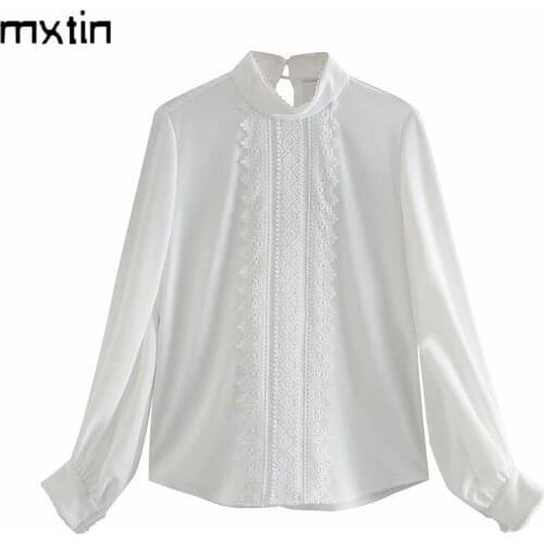 MXTIN 2021Women Fashion White Chiffon Patchwork Blouses Vintage Spring Button Long Sleeve Female Shirts Blusas Casual Tops