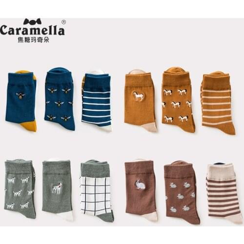 3 Pairs/Lot Caramella Mens Socks Cotton Crew Socks Mid-Calf Length Jacquard Embroidery Animal Pattern