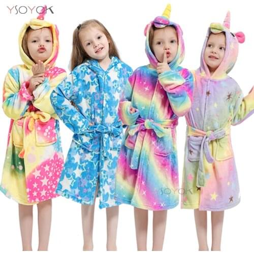 Kigurumi Children Bathrobes Kids Star Rainbow Unicorn Hooded Bath Robe Animal For Boys Girls Pajamas Nightgown Kids Sleepwear
