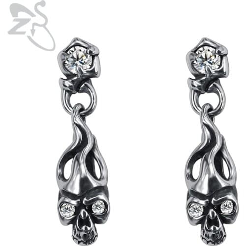 ZS Mens Punk Stud Earrings Skull Dangling Ear Jewelry Stainless Steel Earring Hip Hop CZ Jewellry Accessories Biker Earings