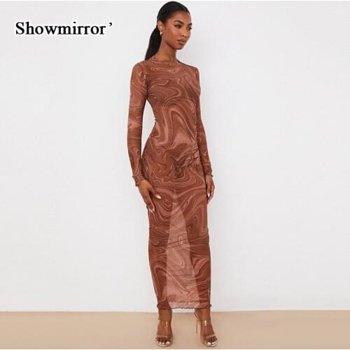 Showmirror Mesh Patchwork Maxi Dress Women Print See-Through Bodycon Dresses Fashion Sexy Party Elegant Club Robe Outfits