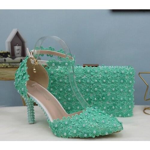 Light Green Lace Flower Wedding Shoe And Bag Set Pearl Heels Pointed Toe Ankle Strap Ladies Party shoe with matching bag Lace-up
