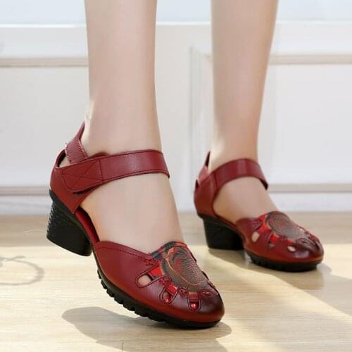 Vintage Splicing Genuine Leather Printed Women sandals For Women Shoes Buckle Strap 3CM Square High Heels printing shoes 2020