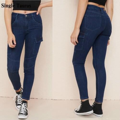 Womens Jeans Side Stripe Pockets High Waist Cargo Denim Pants Mujer Streetwear Casual Skinny Spandex Jeans Trousers