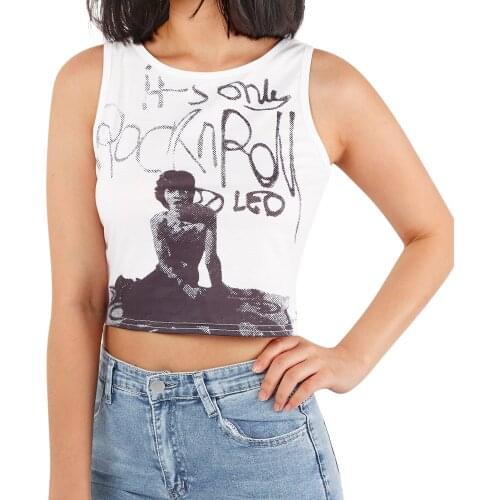 Women Summer Tank Tops Adults Casual Letter Human Figure Print Round Neck Pullover White Black Skin-Friendly And Comfortable