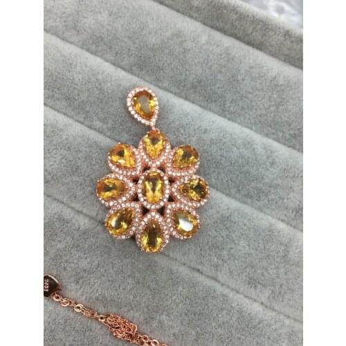 Natural citrine gem Pendant natural yellow crystal pendant necklace 925 silver Fashion Luxury round flowers lady party jewelery