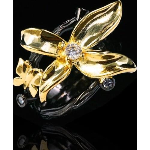 Elegant Exaggerated Big Flower Black Gold Wedding Band Rings for Women Noble 925 Sterling Silver Bohemia Cocktail Rings Jewelry