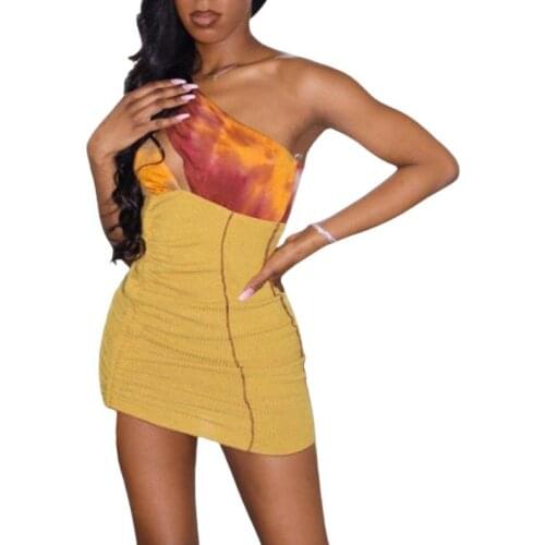 Women’s Sexy One Shoulder Short Dress Fashion Tie-dye Contrast Color Hollow Skinny Dress