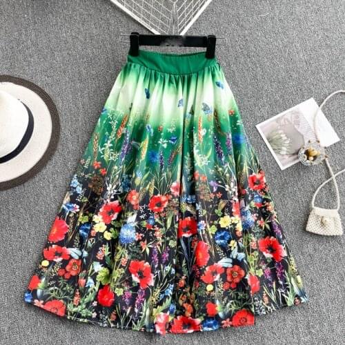 021 New Printing High Waist Pleated Skirt Women Spring Summer Midi Skirts Womens Elastic Waist A Line Long Skirts For Women