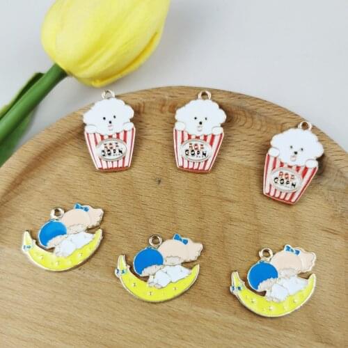 10pcs Cartoon Popcorn Dog Kids Moon Enamel Charms Alloy Gold Plated Earring Bracelet Pendant Fit DIY Fashion Jewelry Accessory