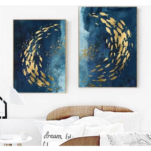 Abstract Nordic Style Wall Art Canvas Painting Golden Fish Blue Sea Poster Home Decoration Wall Painting For Living Room